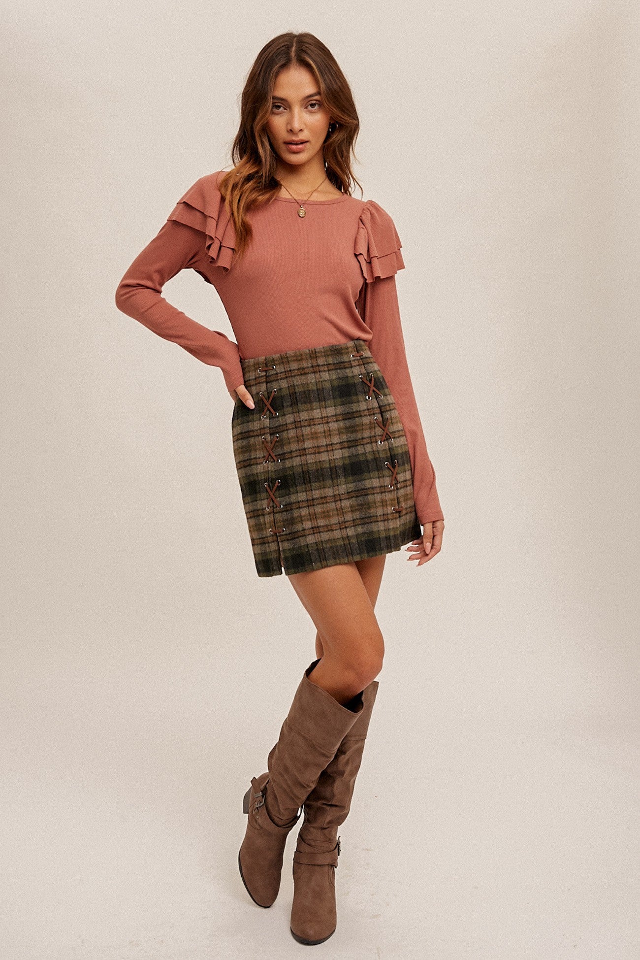 Lacing Detail Plaid Mini Skirt Skirts Hem & Thread- Tilden Co.