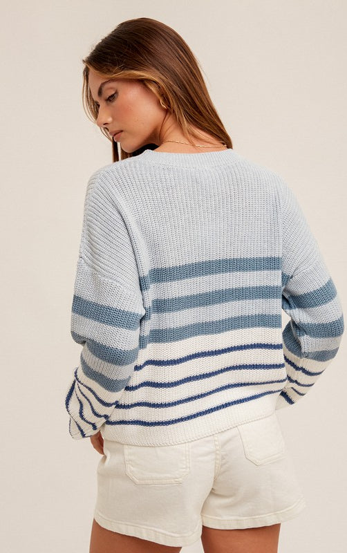 Round Neck Color Block Striped Knit Sweater    Cardigan eesome- Tilden Co.