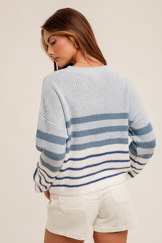 Round Neck Color Block Striped Knit Sweater    Cardigan eesome- Tilden Co.