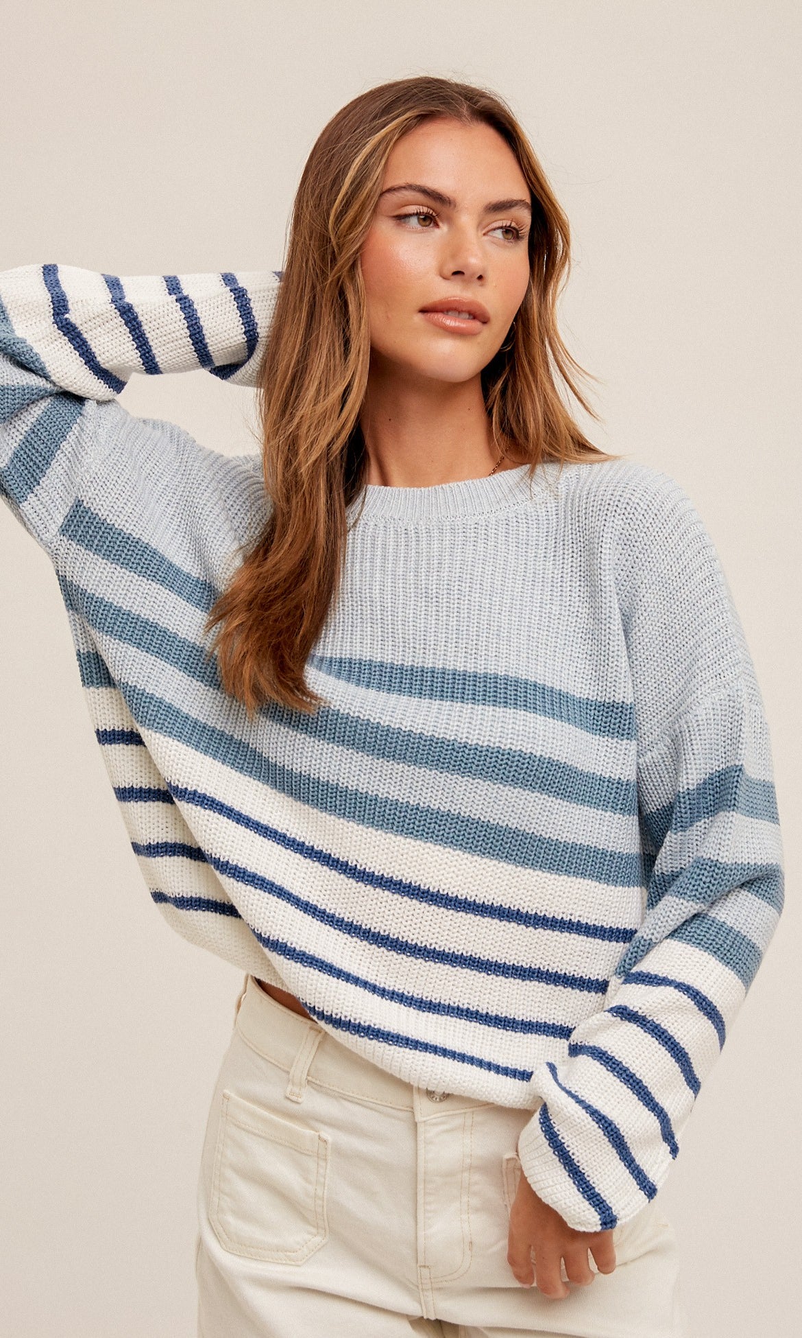 Round Neck Color Block Striped Knit Sweater    Shirts & Tops eesome- Tilden Co.