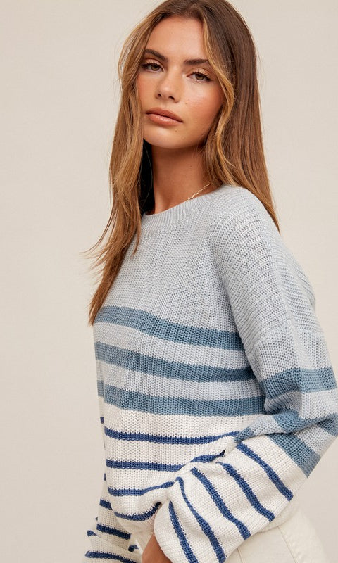 Round Neck Color Block Striped Knit Sweater    Shirts & Tops eesome- Tilden Co.