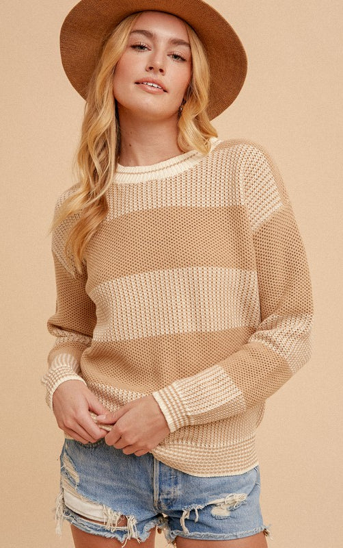 Crew Neck Oversized Two-Tone Stripe Sweater Beige / Small Beige Small Cardigan eesome- Tilden Co.