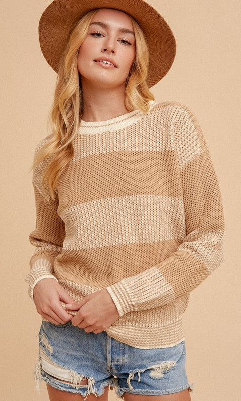 Crew Neck Oversized Two-Tone Stripe Sweater Beige / Small Beige Small Shirts & Tops eesome- Tilden Co.