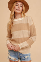 Crew Neck Oversized Two-Tone Stripe Sweater Beige / Small Beige Small Shirts & Tops eesome- Tilden Co.
