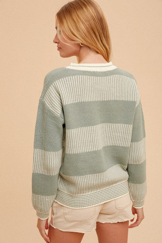 Crew Neck Oversized Two-Tone Stripe Sweater    Cardigan eesome- Tilden Co.
