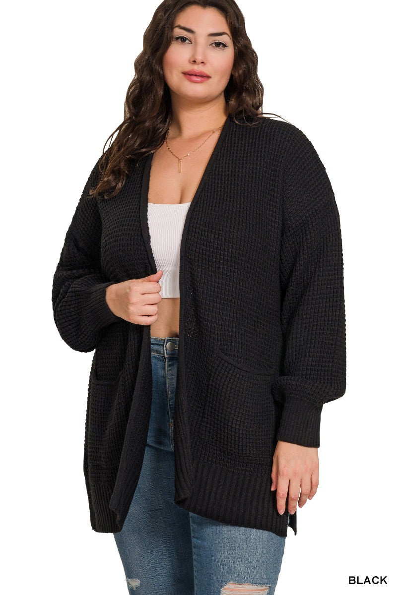 Waffle Open Cardigan Sweater Black / Small Black Small Cardigan Zenana- Tilden Co.