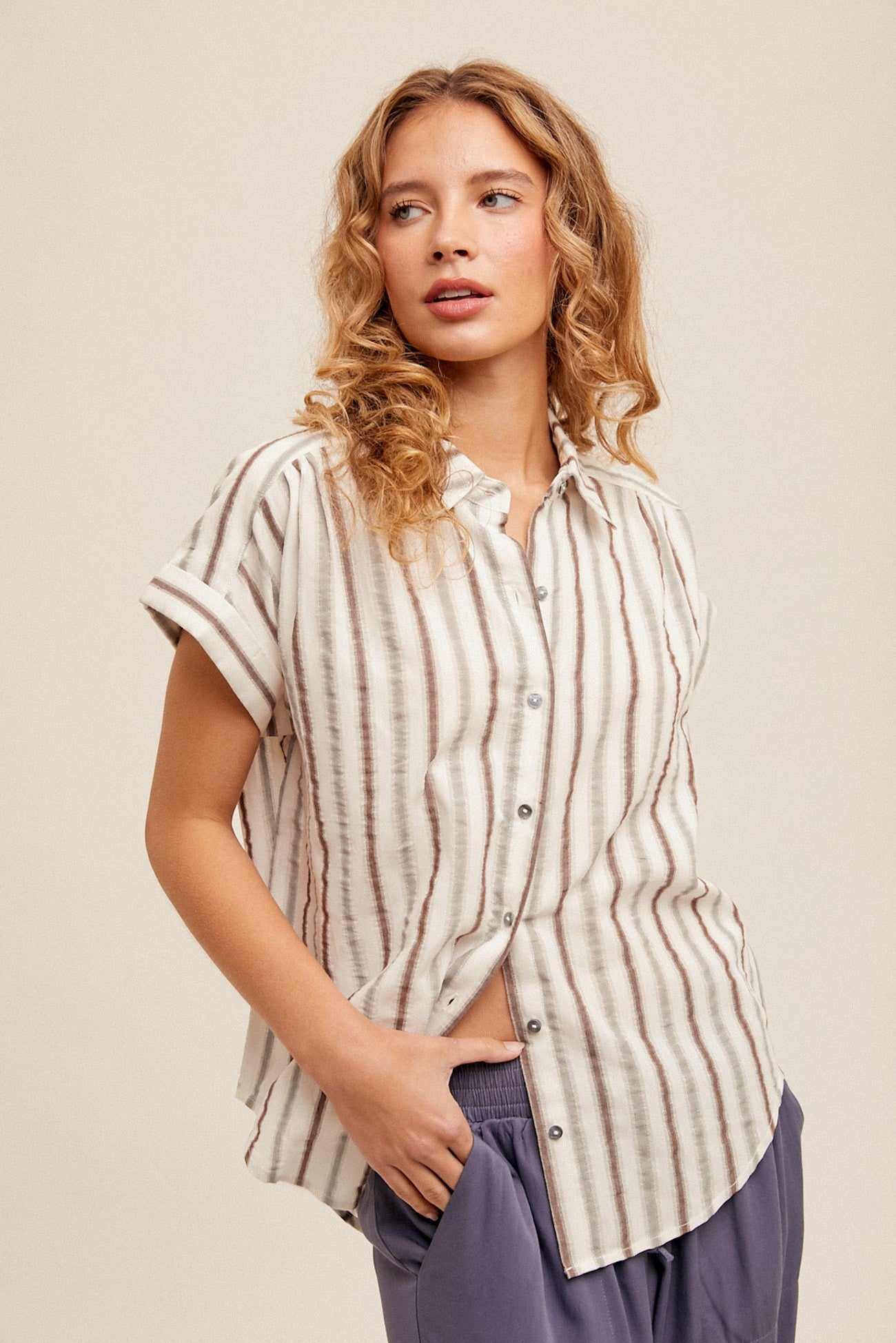 Button Down Relaxed Multi Stripe Shirt    Collared Shirt Hem and Thread- Tilden Co.