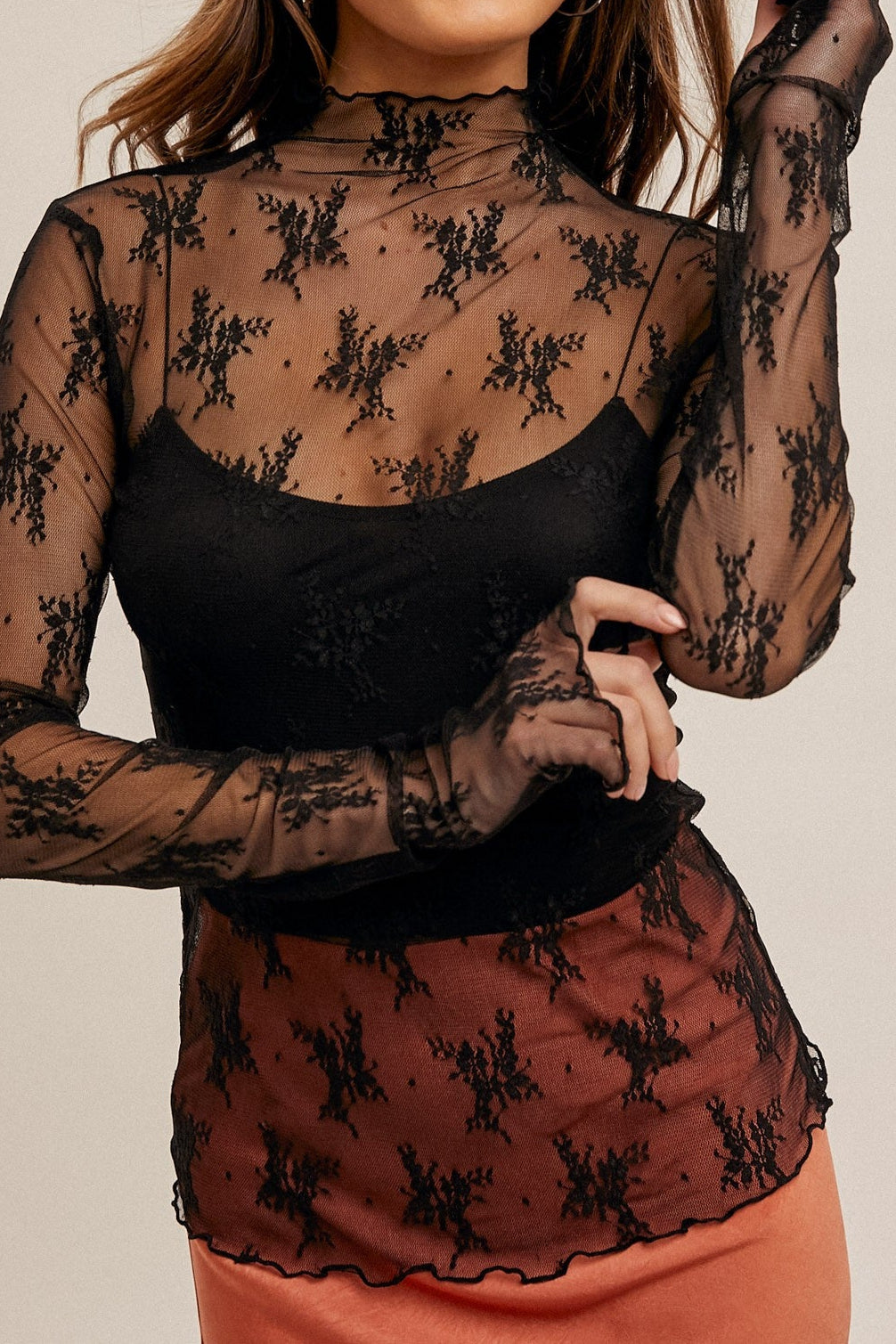 Mock Neck Lace Long Sleeve Top Layering Top Hem & Thread- Tilden Co.