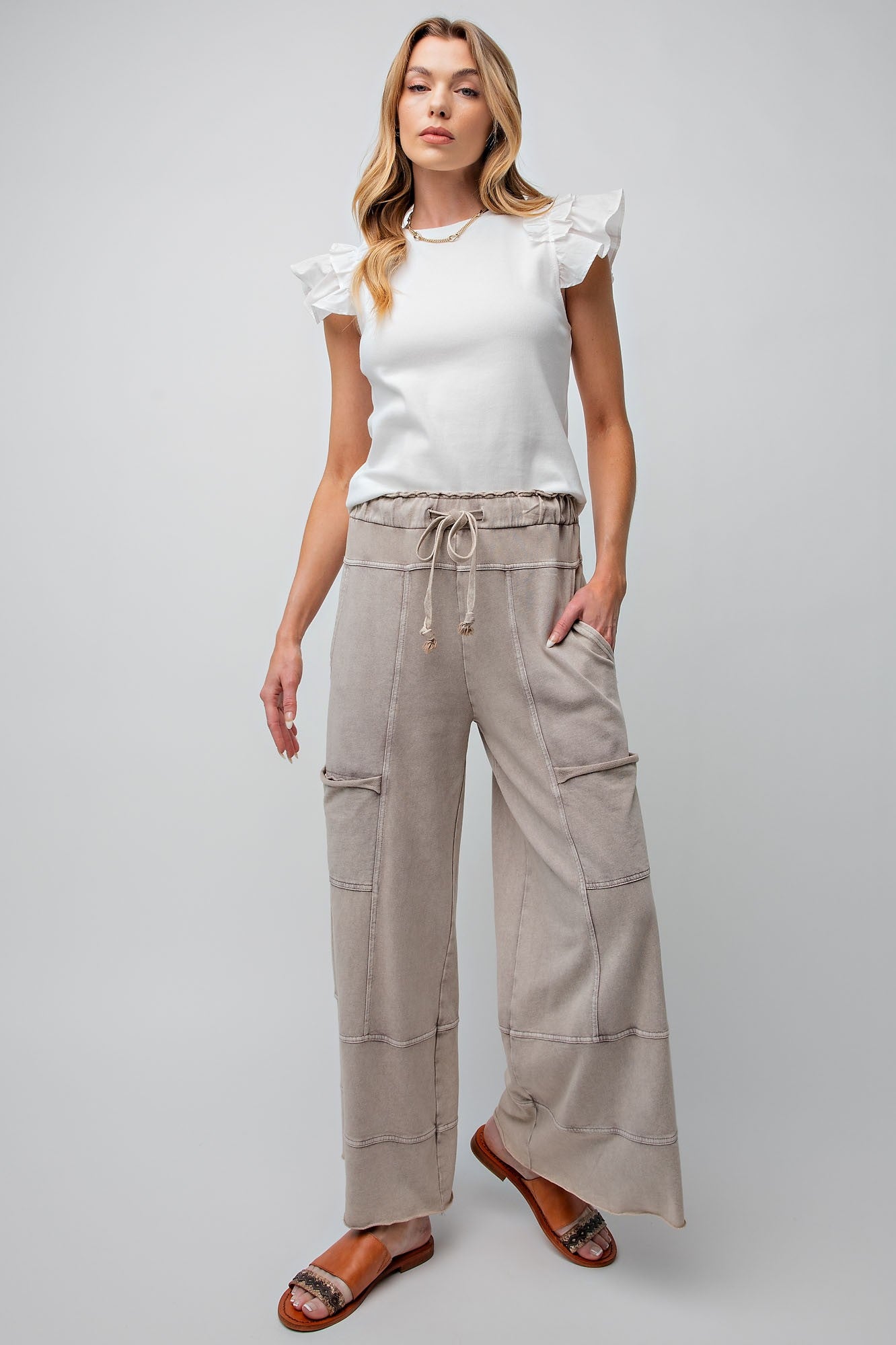 Mineral Washed Terry Knit Pants Mushroom / Small Mushroom Small Casual Pants Easel- Tilden Co.