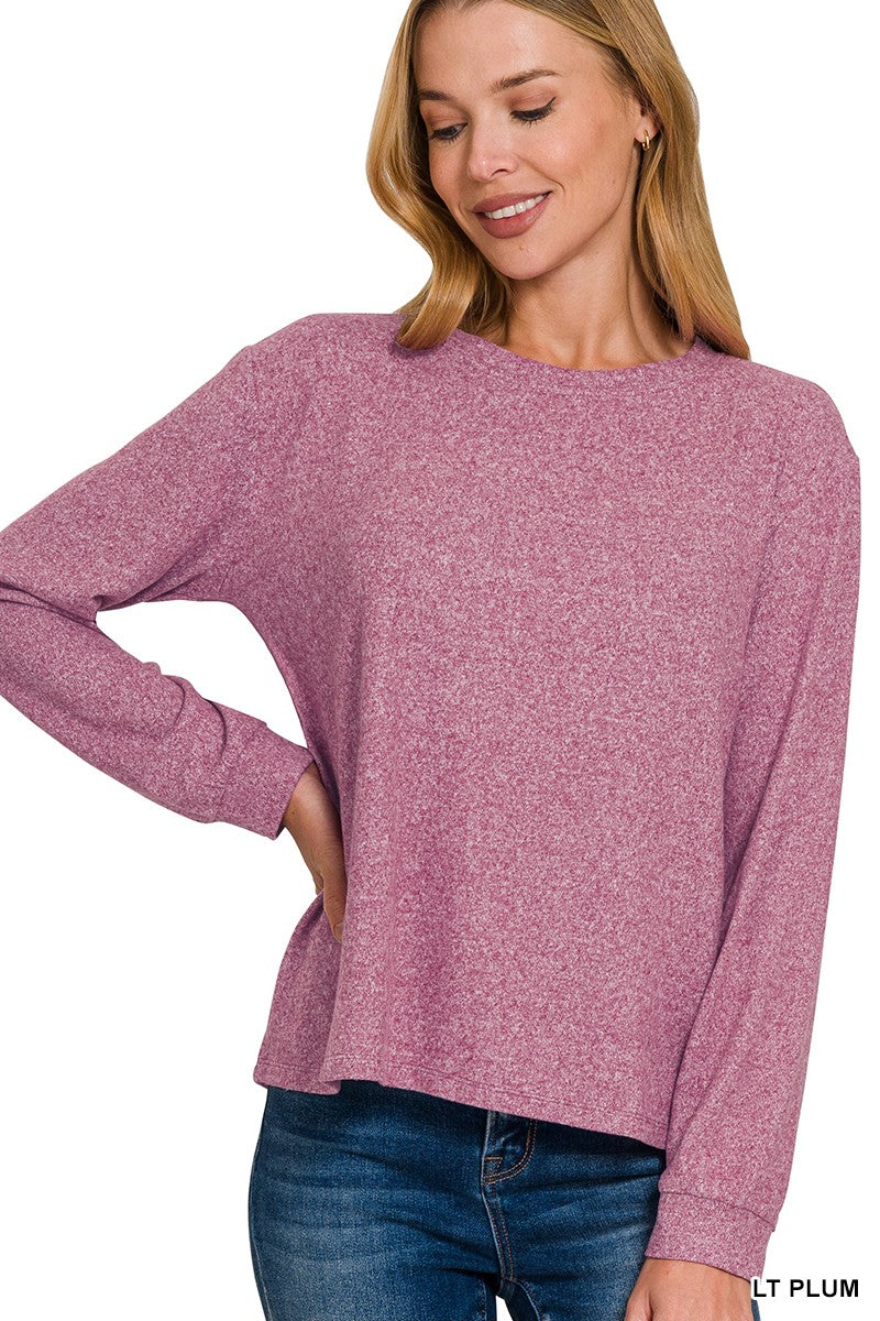 Soft Melange Hacci Round Neck Long Sleeve Tee Small / Light Plum Small Light Plum Sweater Zenana- Tilden Co.