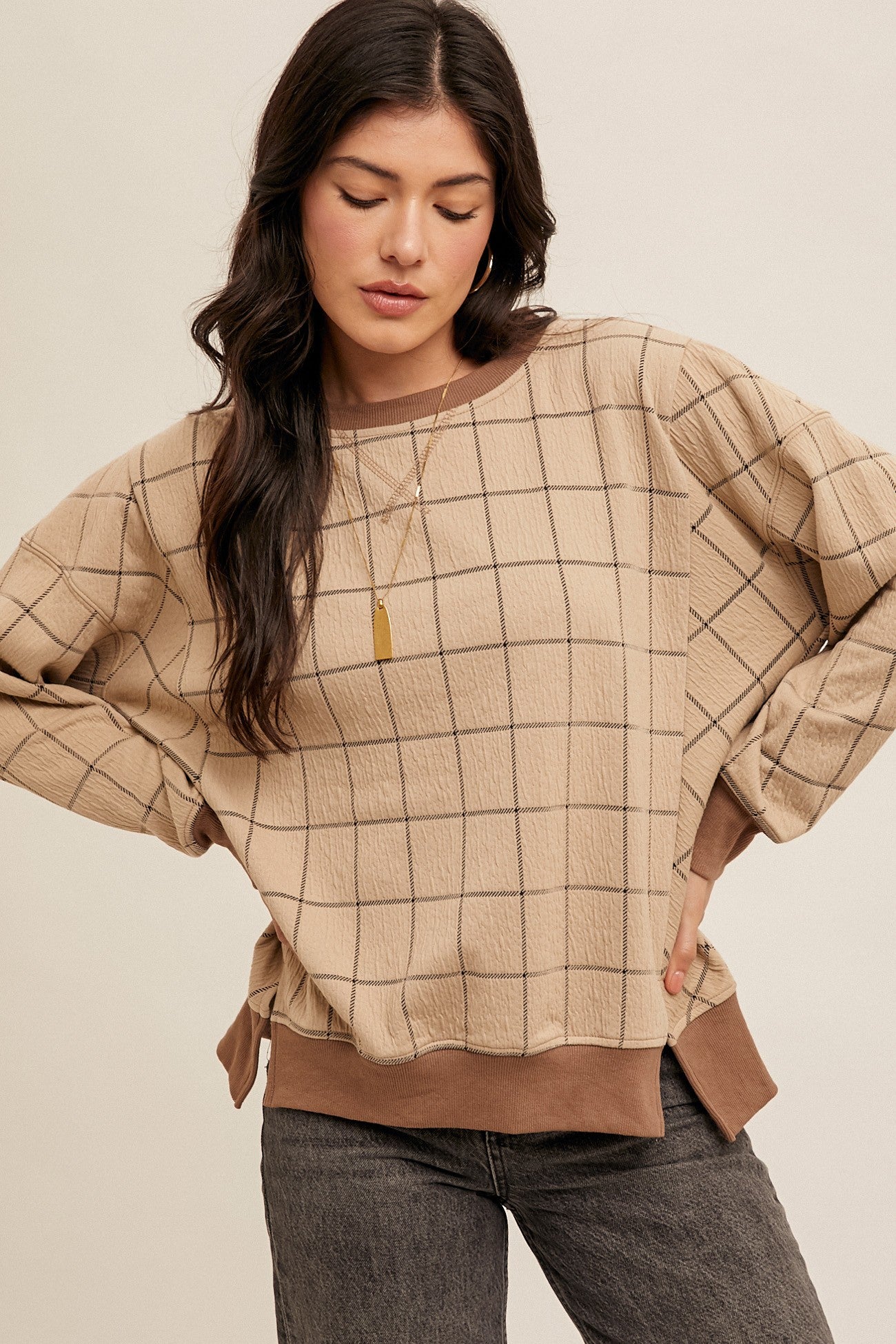 Jacquard Check Motif Sweatshirt Taupe / Small Taupe Small Long Sleeve Shirts and Tops Hem and Thread- Tilden Co.