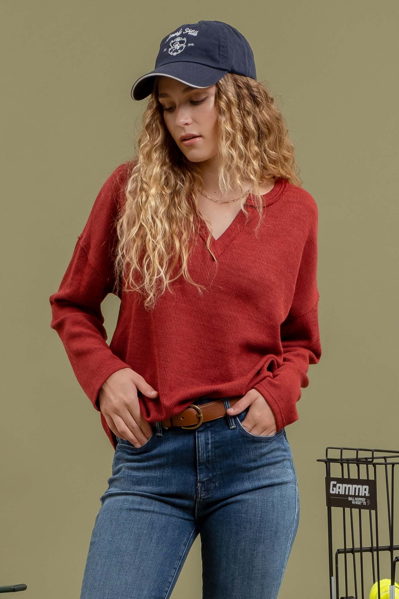 Solid Notch Neck Knit Top    Sweater Blu Pepper- Tilden Co.