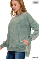 Plus Size - Acid Wash Fleece Pullover Shirts & Tops Zenana- Tilden Co.