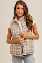 Snap Button Plaid Puffer Vest Taupe / Small Taupe Small Blouse Hem and Thread- Tilden Co.