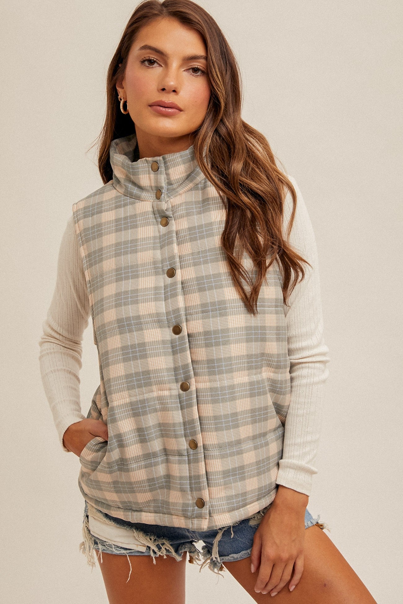 Snap Button Plaid Puffer Vest Pine/Taupe / Small Pine/Taupe Small Blouse Hem and Thread- Tilden Co.