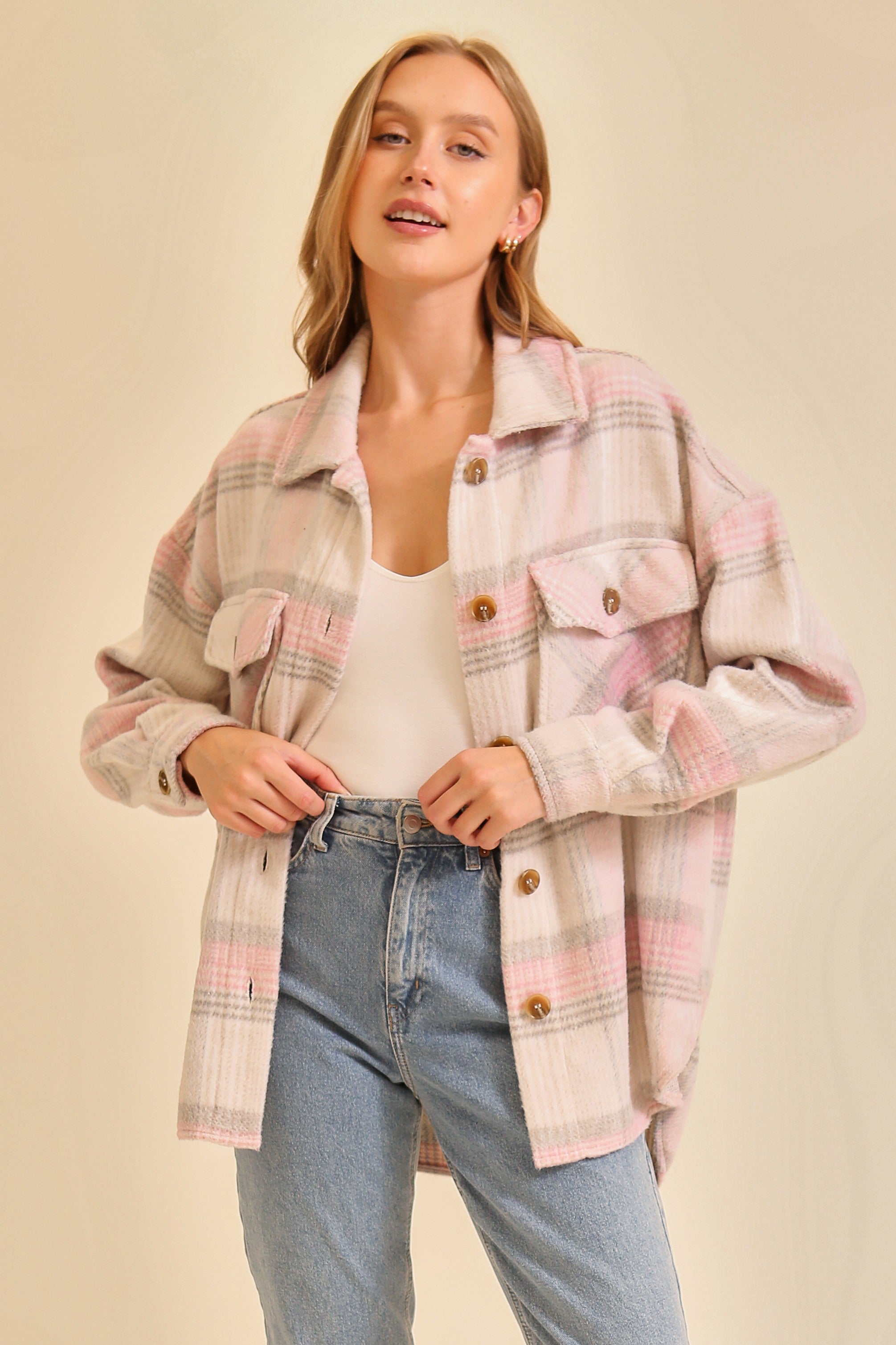 Fall Vibes Plaid Shacket Taupe/Pink / Small Taupe/Pink Small Shacket Timing- Tilden Co.