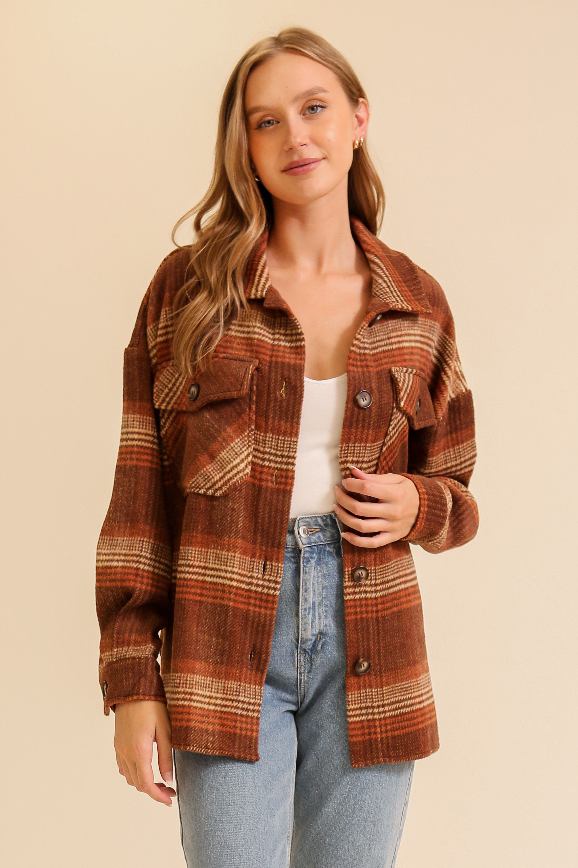 Fall Vibes Plaid Shacket Brown/Taupe / Small Brown/Taupe Small Shacket Timing- Tilden Co.