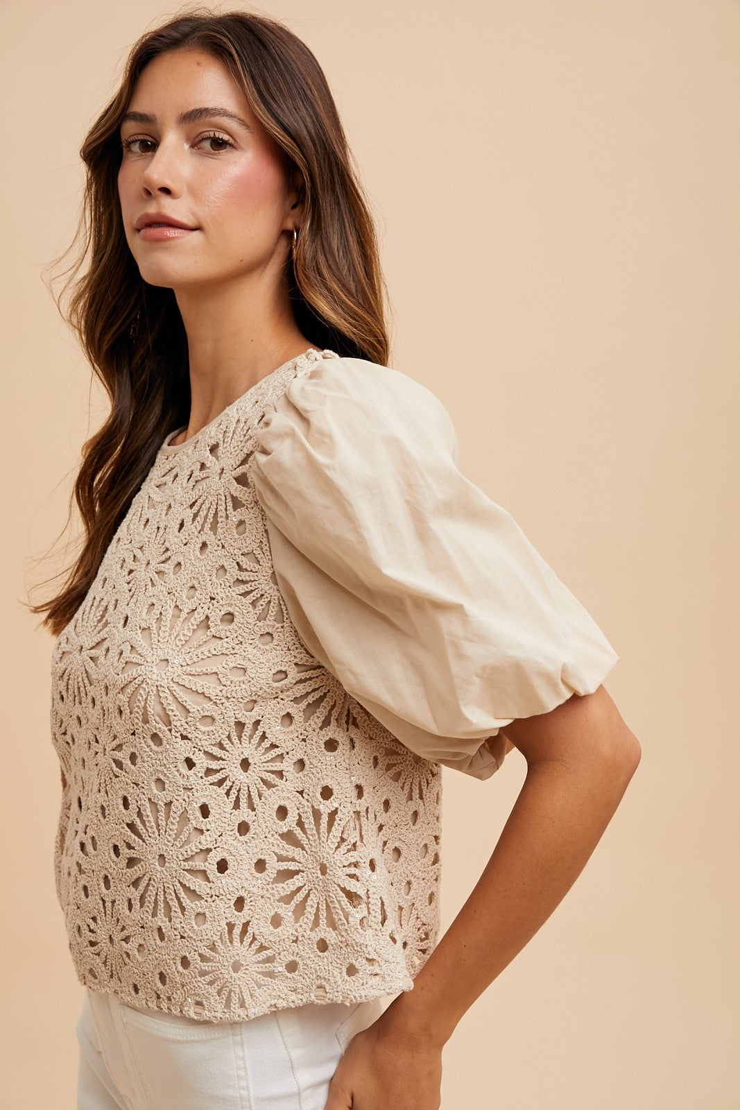 Crochet Floral Sequin Blouse Blouse AnnieWear- Tilden Co.