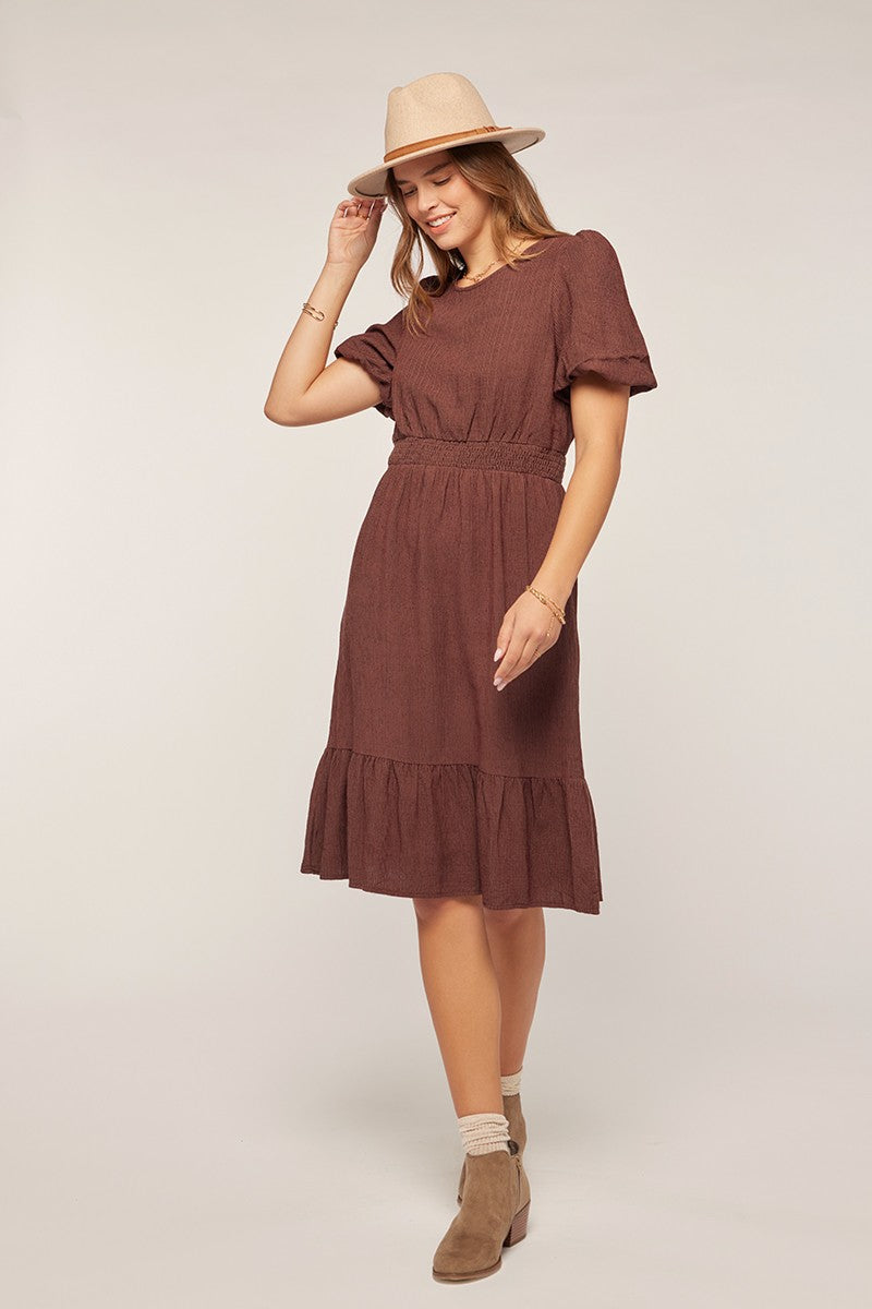 Puff Sleeve Dress in Brown Dress Tea n Rose- Tilden Co.