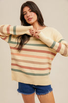 Crew Neck Stripe Split Hem Sweater Shirts & Tops Hem & Thread- Tilden Co.