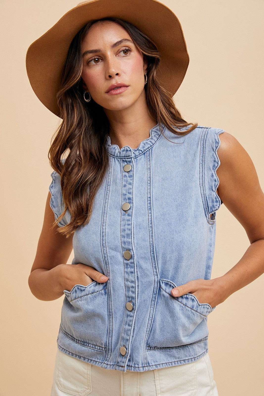 Sweet Edge Scallop Denim Vest Vest AnnieWear- Tilden Co.