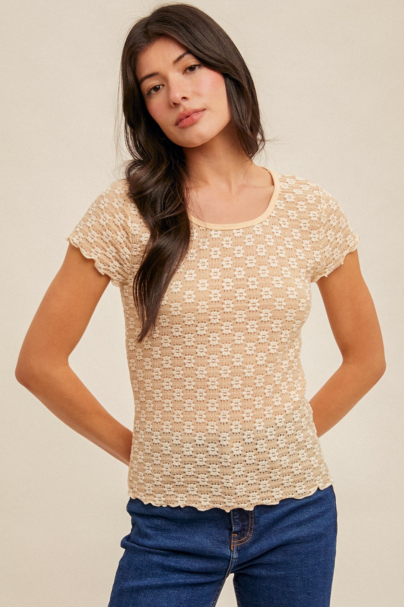Floral Lace Cabbage Hem Tee Short Sleeve Top Hem & Thread- Tilden Co.