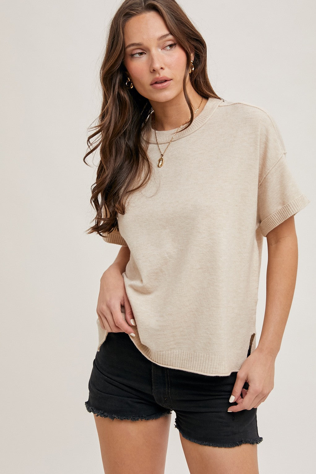 Crew Neck Knit T-Shirt S/M / Oatmeal S/M Oatmeal Shirts & Tops Blue Ivy- Tilden Co.