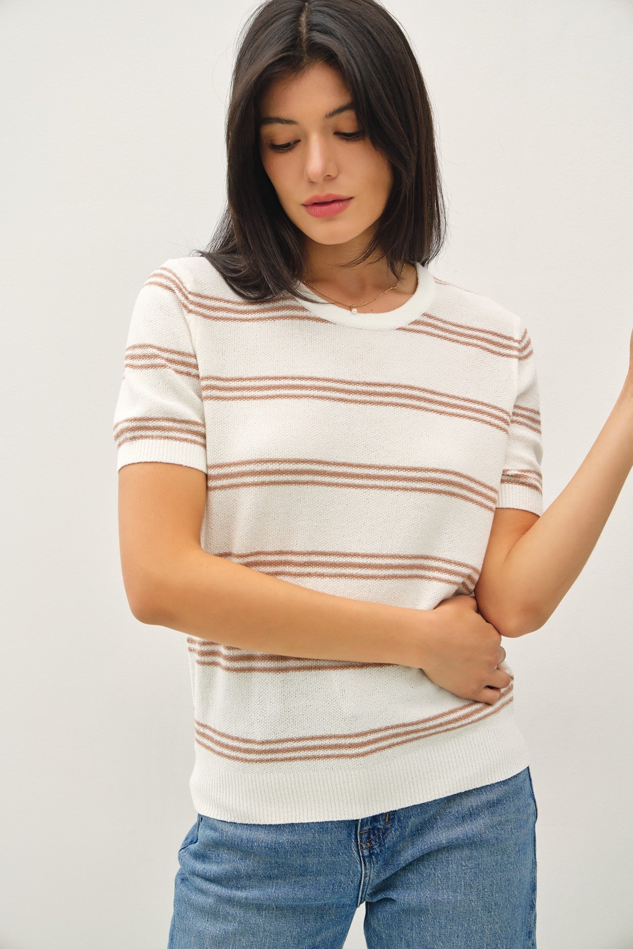 Triple Striped Short Sleeve Sweater Shirts & Tops Be Cool- Tilden Co.