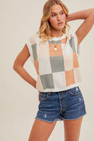 Checker Print Cropped Sweater Tee Shirts & Tops Hem & Thread- Tilden Co.