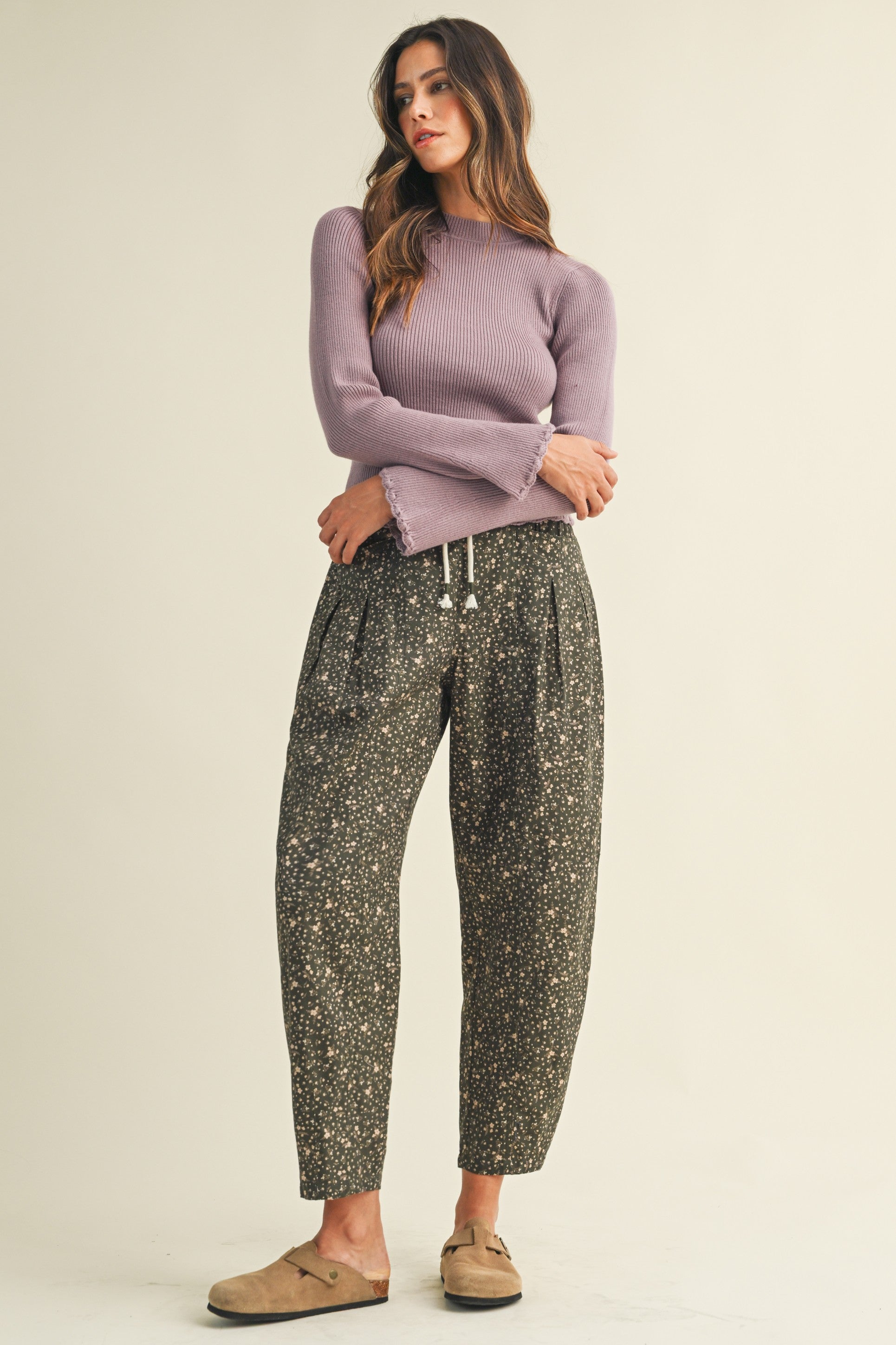 Ditsy Print Drawstring Barrel Leg Loose Pants Casual Pants AnnieWear- Tilden Co.