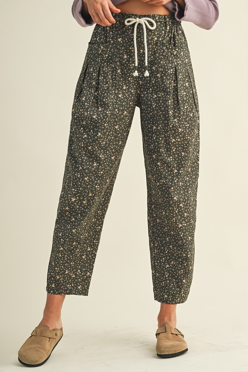 Ditsy Print Drawstring Barrel Leg Loose Pants Casual Pants AnnieWear- Tilden Co.