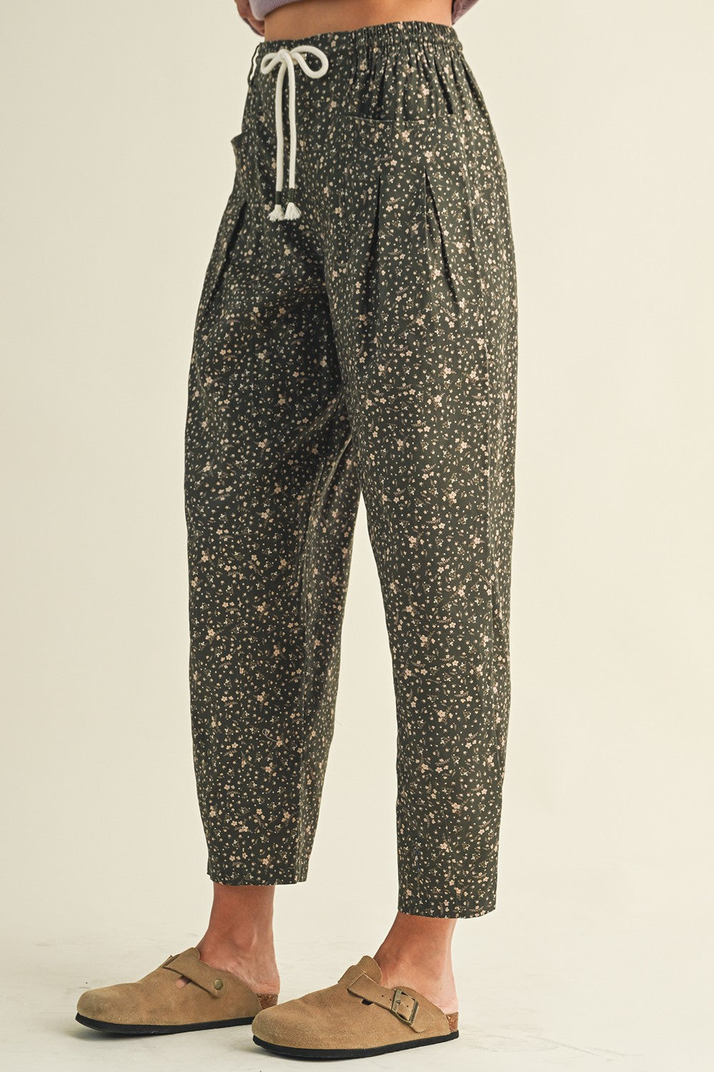 Ditsy Print Drawstring Barrel Leg Loose Pants Casual Pants AnnieWear- Tilden Co.