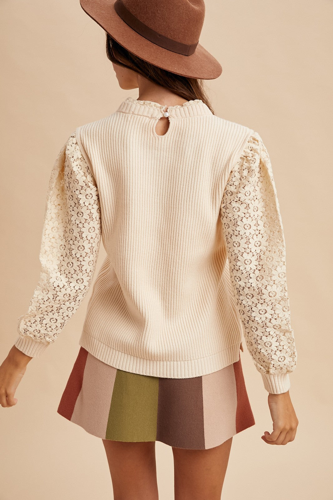 Mix Media Lace Sleeve Rib Sweater Mock Neck Top Sweater AnnieWear- Tilden Co.