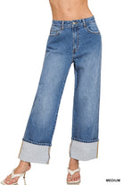 High Rise Cuffed Wide Leg Denim Casual Pants Zenana- Tilden Co.