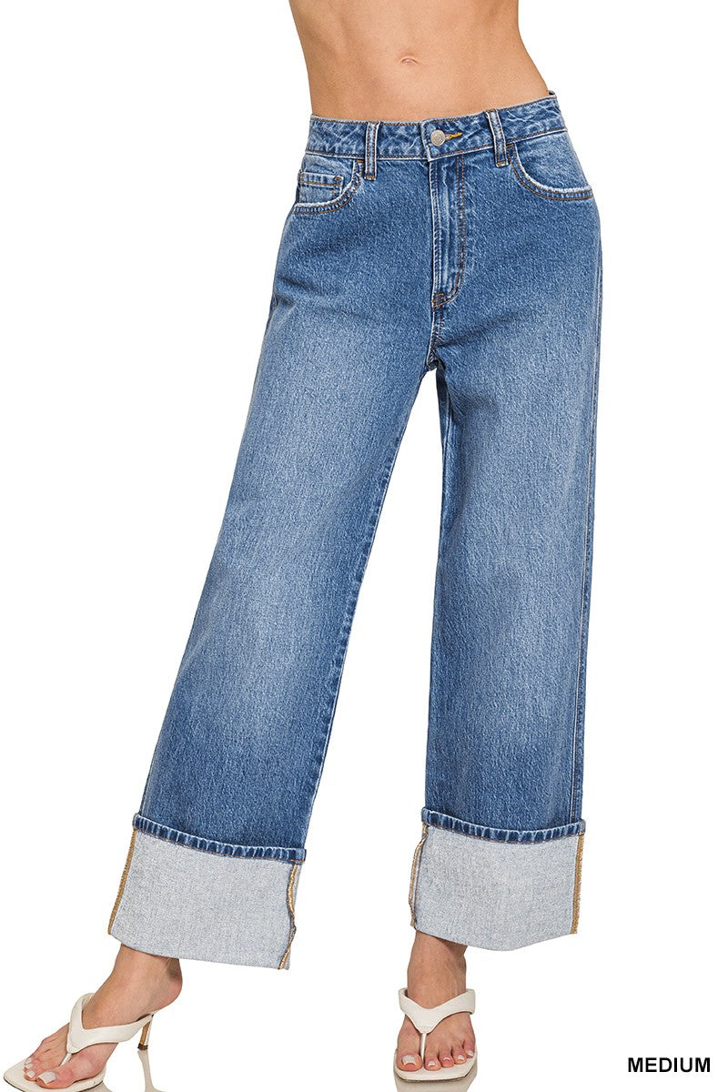 High Rise Cuffed Wide Leg Denim Casual Pants Zenana- Tilden Co.