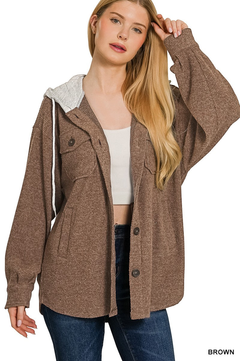 Hooded Button Down Shacket Coats & Jackets Zenana- Tilden Co.
