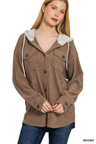 Hooded Button Down Shacket Brown / Small Brown Small Coats & Jackets Zenana- Tilden Co.