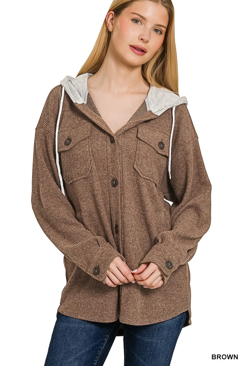 Hooded Button Down Shacket Brown / Small Brown Small Coats & Jackets Zenana- Tilden Co.