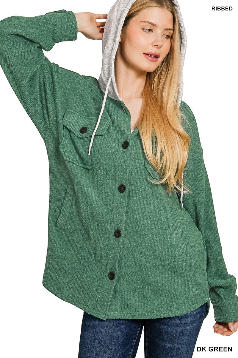 Hooded Button Down Shacket Coats & Jackets Zenana- Tilden Co.
