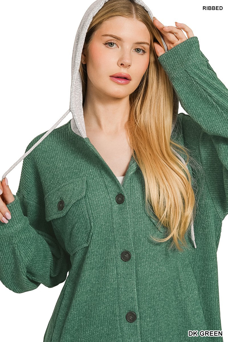 Hooded Button Down Shacket Coats & Jackets Zenana- Tilden Co.