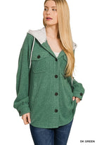 Hooded Button Down Shacket Dark Green / Small Dark Green Small Coats & Jackets Zenana- Tilden Co.