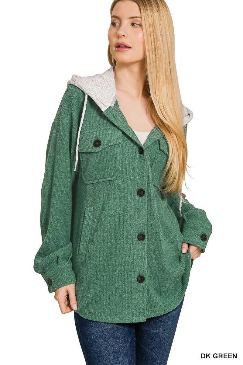 Hooded Button Down Shacket Dark Green / Small Dark Green Small Coats & Jackets Zenana- Tilden Co.