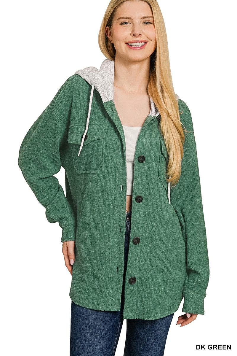 Hooded Button Down Shacket Coats & Jackets Zenana- Tilden Co.