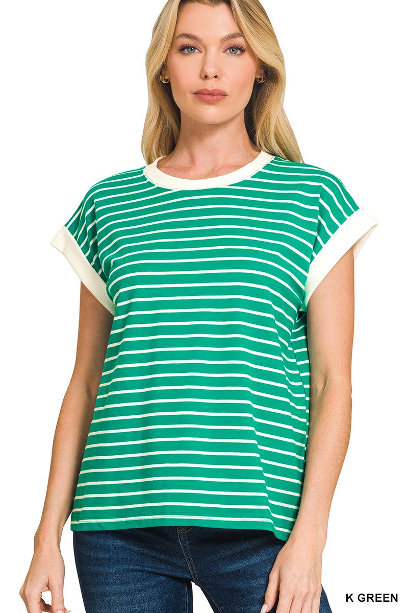 Striped Cap Sleeve Tee T-Shirt Zenana- Tilden Co.