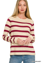 Lightweight Striped Sweater Dk Burgundy / Small Dk Burgundy Small Long Sleeve Top Zenana- Tilden Co.