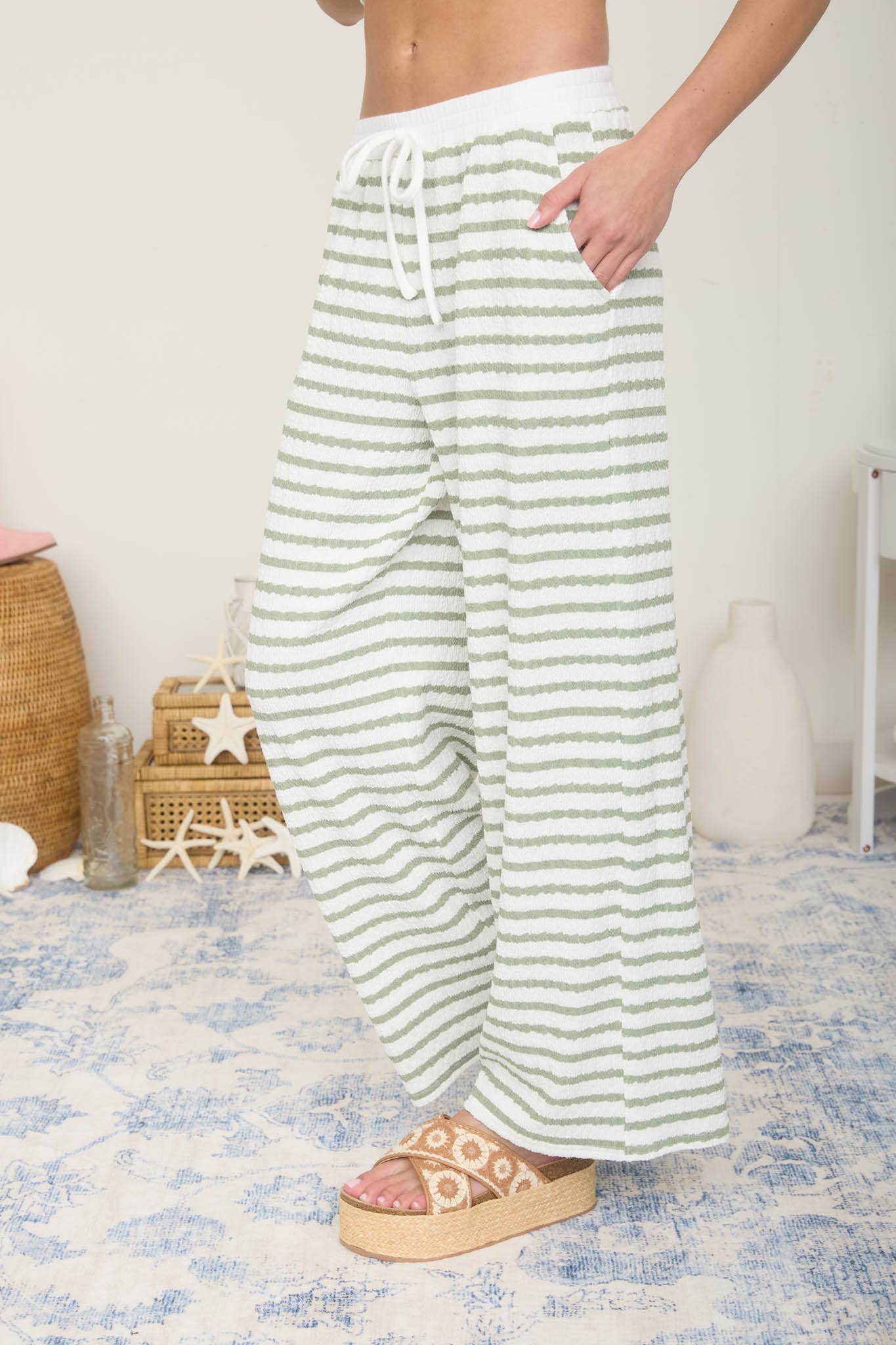Textured Stripe Wide Leg Lounge Pants Olive / Small Olive Small Lounge Pants Blu Pepper- Tilden Co.