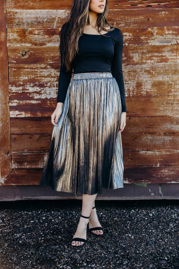 Metallic Pleat Skirt in Stardusk    midi skirt Mikarose- Tilden Co.