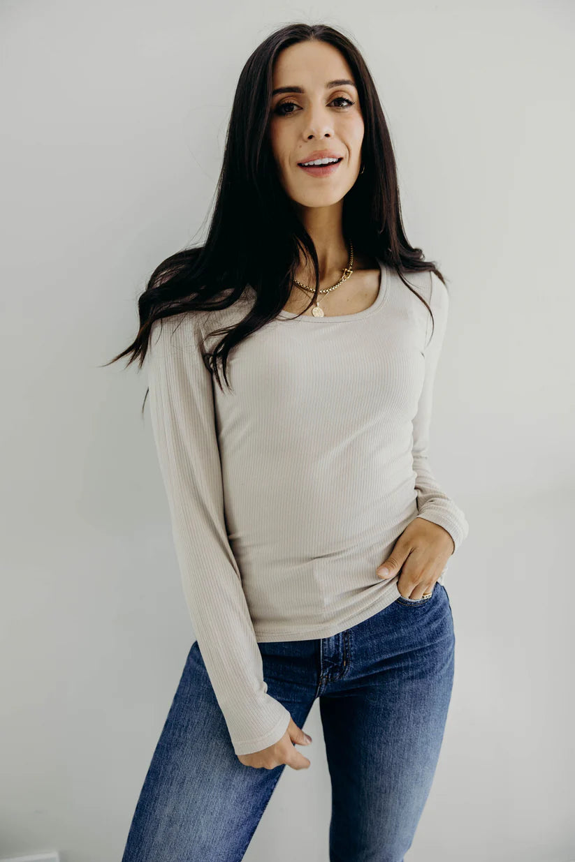 Long Sleeve Scoop Tee in Sand Shirts & Tops Mikarose- Tilden Co.