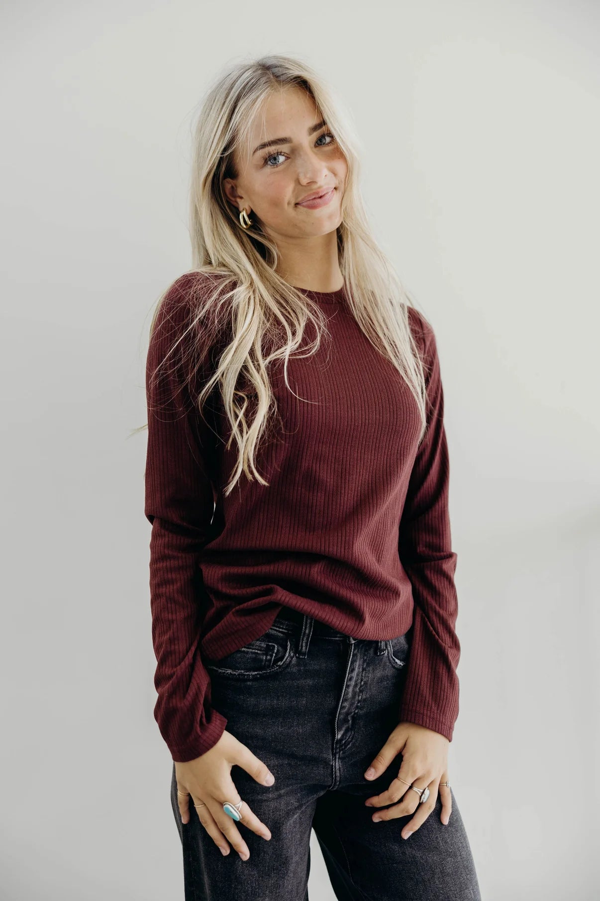 Pointelle Long Sleeve Tee in Wine Long Sleeve Shirts and Tops Mikarose- Tilden Co.