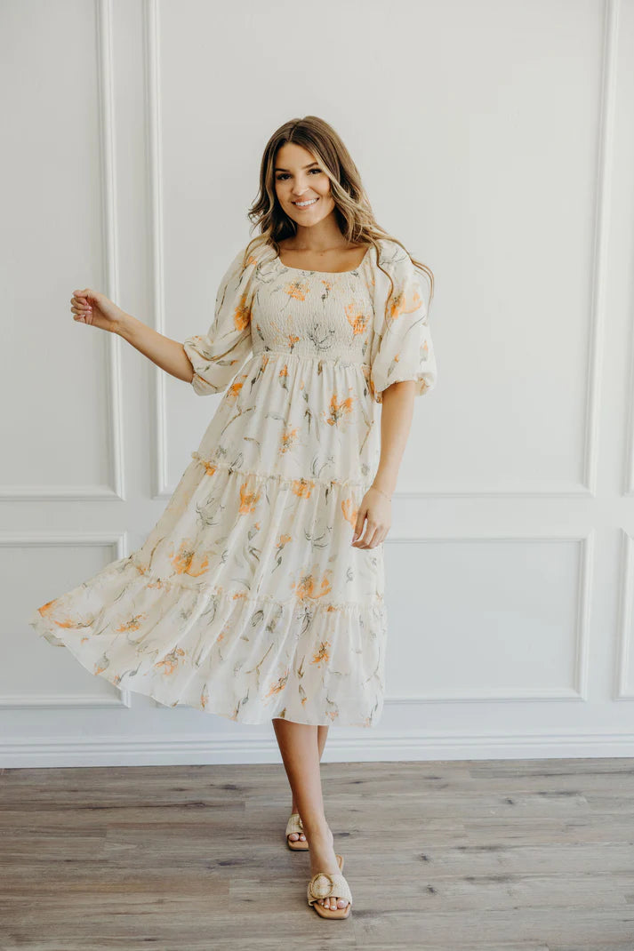 The Greta Dress in Sunrise Serenade Midi Dress Mikarose- Tilden Co.